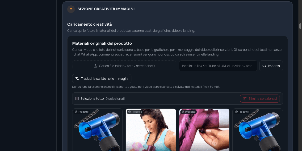 Caricamento dei materiali originali del prodotto nella sezione Creatività di Delego Affiliate