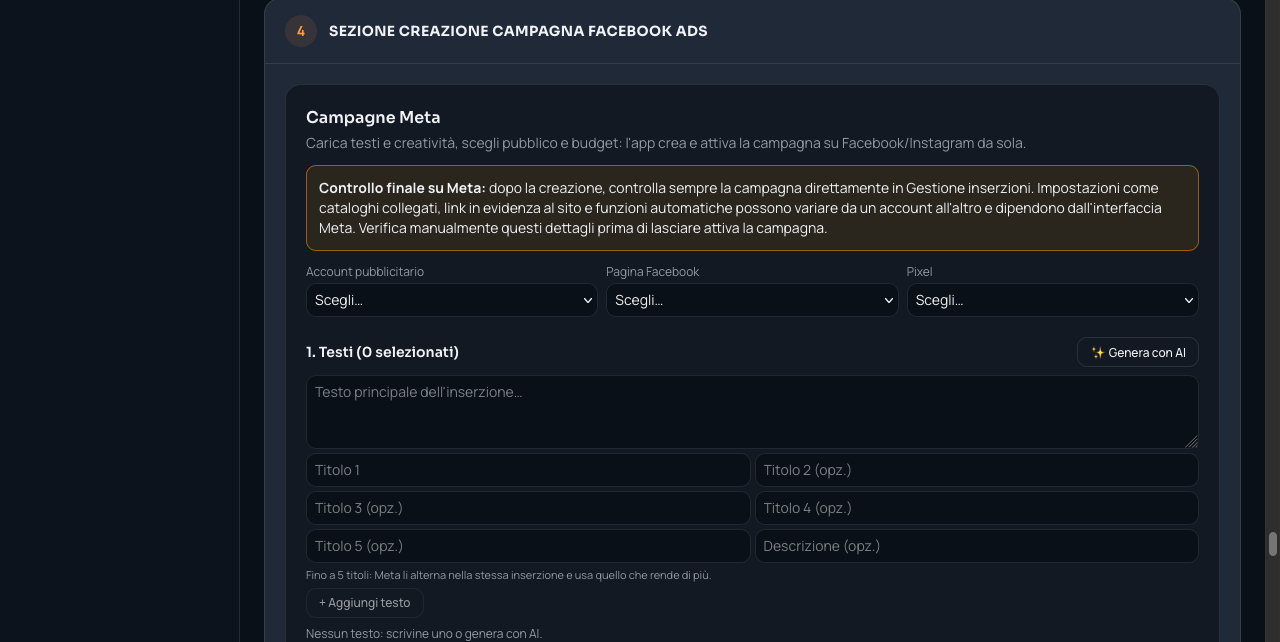 Pannello Campagne Meta con selezione account, pagina Facebook, pixel e testi generati con AI
