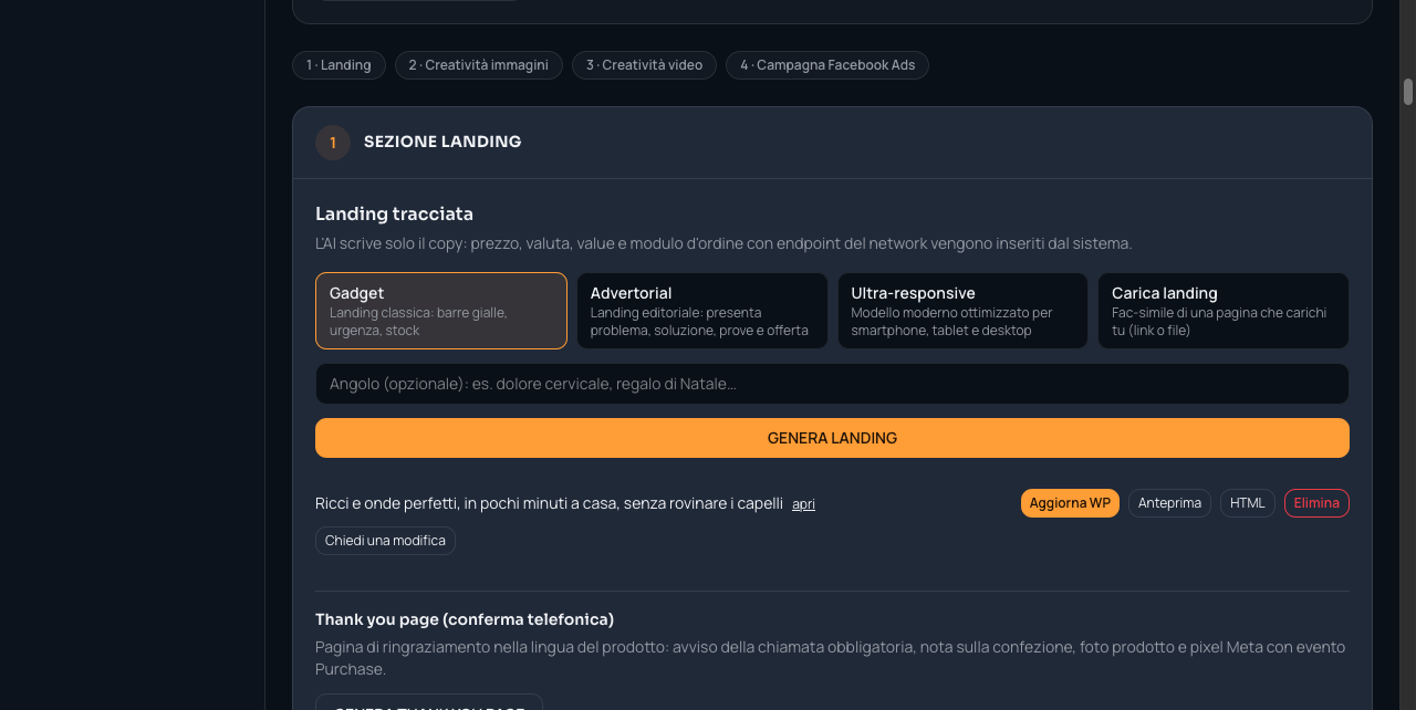 Sezione Landing di Delego Affiliate con modelli, angle e pulsante Genera landing
